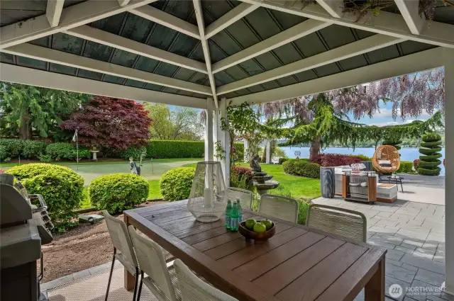 Covered cabana is designed for an outdoor kitchen and wired for a hot tub.