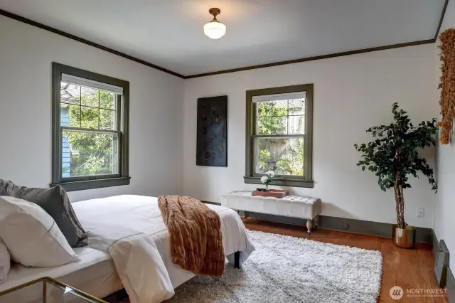 You'll be amazed at how large the bedrooms are. This is the primary at the back of the house. Closet to right of frame.