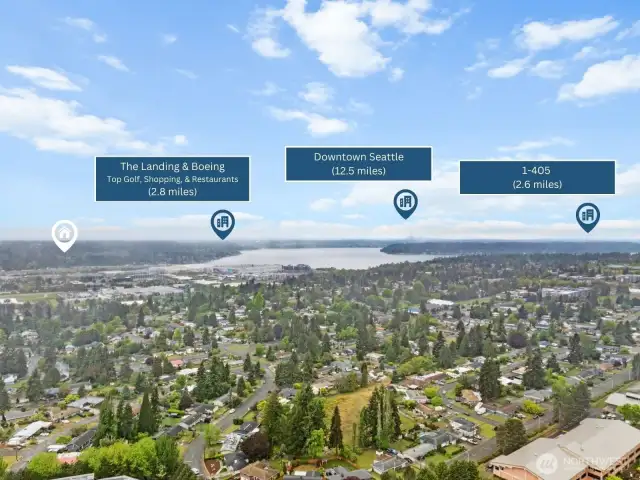 Aerial view highlights the home's central location within a vibrant residential neighborhood. Clear markers show proximity to schools, shopping, and dining.