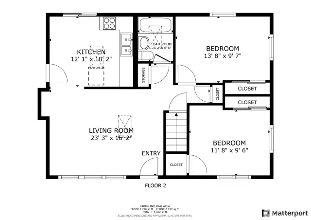 Light-filled main level with open-concept living and dining, a beautifully updated kitchen, and two generously sized bedrooms. The thoughtful layout provides comfort and functionality, with easy flow between common spaces.