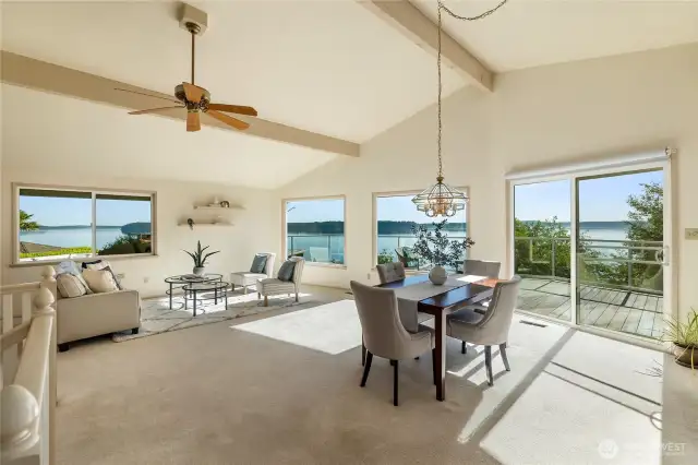 Whether you are dining or relaxing every window offers  incredible views of the sound and mountains.  Vaulted ceilings, exposed beams and a space filled with natural light create a light and airy feel.