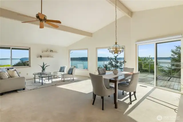 This home features expansive windows & a large deck that frame breathtaking vistas of the Puget Sound.
