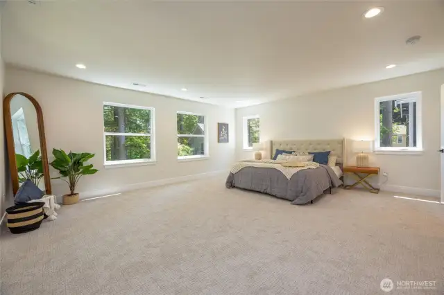 Massive primary bedroom with forest views.