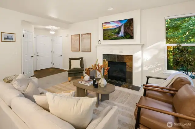 Open living room, dining room, kitchen- opening to private back patio & yard space