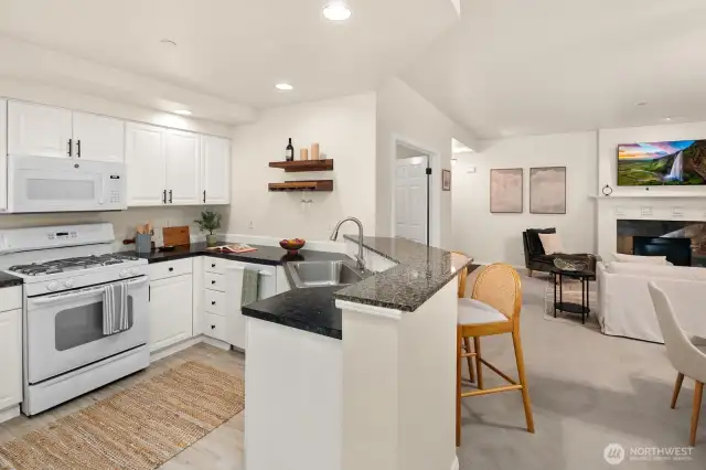 Open living room, dining room, kitchen- opening to private back patio & yard space