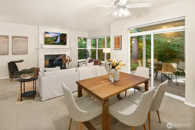 Open living room, dining room, kitchen- opening to private back patio & yard space