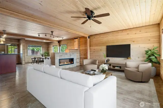 Great Room - Entry, Living, Dining & Kitchen - Cozy Gas Fireplace, Cedar interior & Radiant Tile Floors! Virtually staged to show the possibilities!