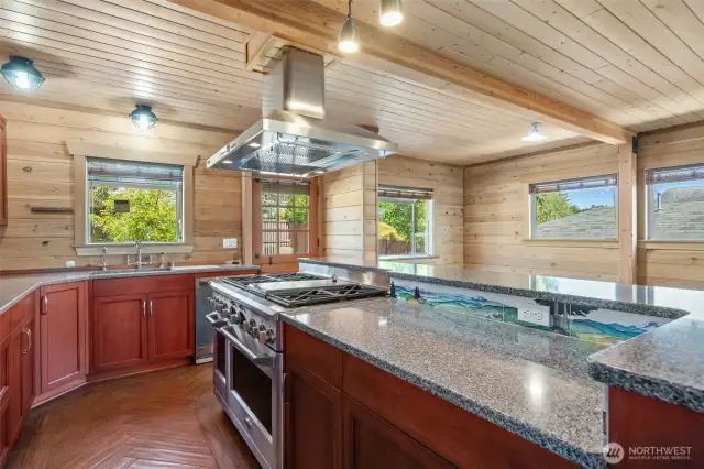 Professional kitchen with open concept to dining, living and breakfast bar.
