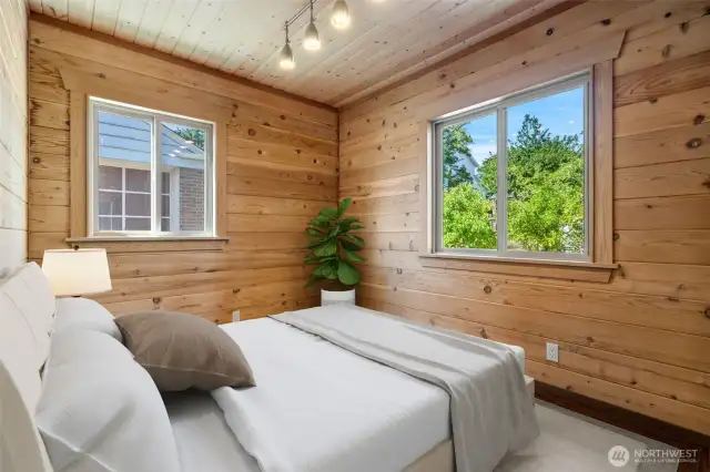 Main Level Bedroom - Radiant Flooring and Cozy Cedar - Virtually staged to show the possibilities!
