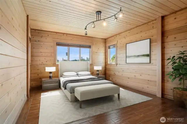 2nd Level Bedroom with radiant tile flooring, cozy cedar walls & ceilings plus views of Green Lake & City Lights! Virtually staged to show the possibilities!
