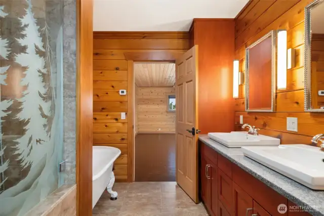 Primary Full Bathroom - Claw Foot Bathtub, Double Sinks, Full Walk-In Shower, Radiant Tile Flooring and Cedar Walls!