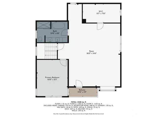 Photographer's estimation of room dimensions. You could make either room the primary. We chose to show the larger room as the primary suite - lots of possibilities!