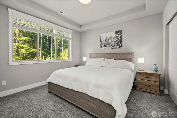 Downstairs bedroom with a beautiful view of the trees & trail. This is a kingsize bed.