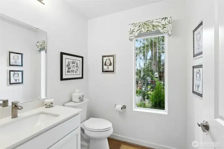 Powder room with gorgeous views of the deck.