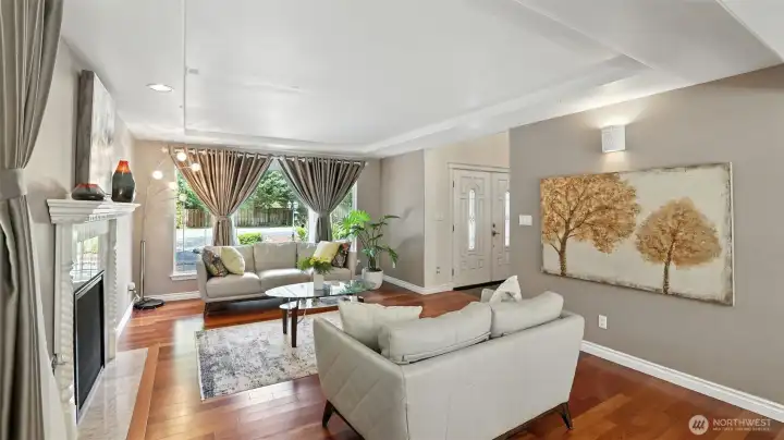 Formal living room with fireplace and tray ceiling.