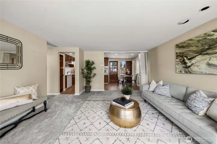 Large living room opens to kitchen