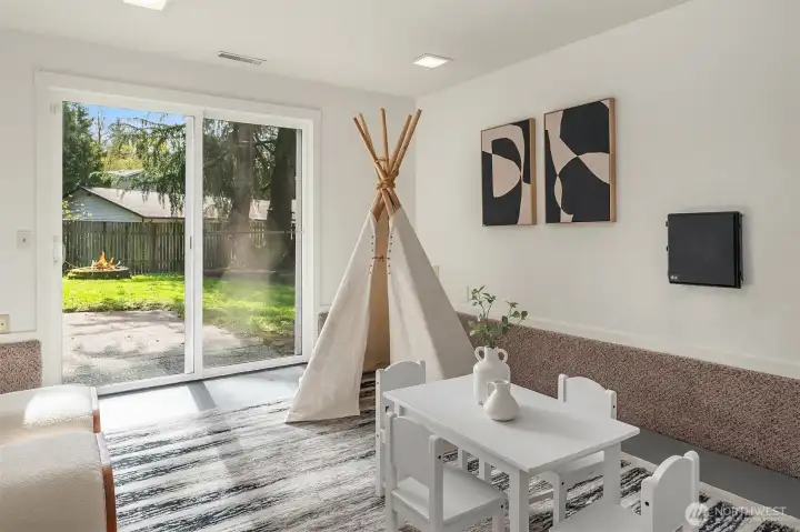 Flex space on lower level, perfect for kids, office, gym or crafts!