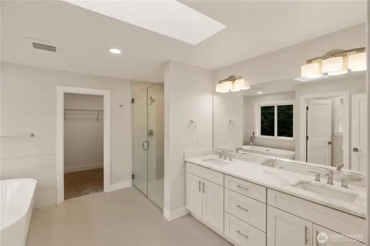 5-Piece Luxury Primary bathroom Double sinks with gorgeous stone counters