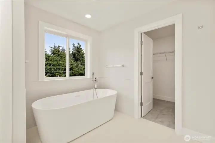 Luxurious primary suite featuring a grand spa-inspired soaking tub