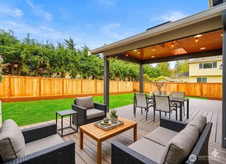 Virtual Staging of Covered Back Deck with Skylights and Integrated Lighting