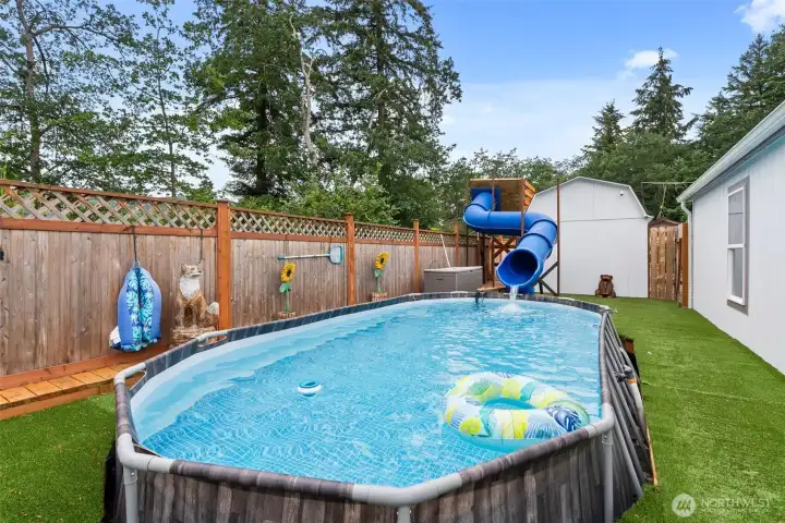 Pool surrounded by Turf