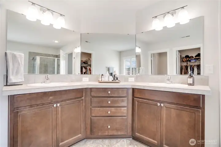 Ensuite. Two sinks, ample countertop space and storage.