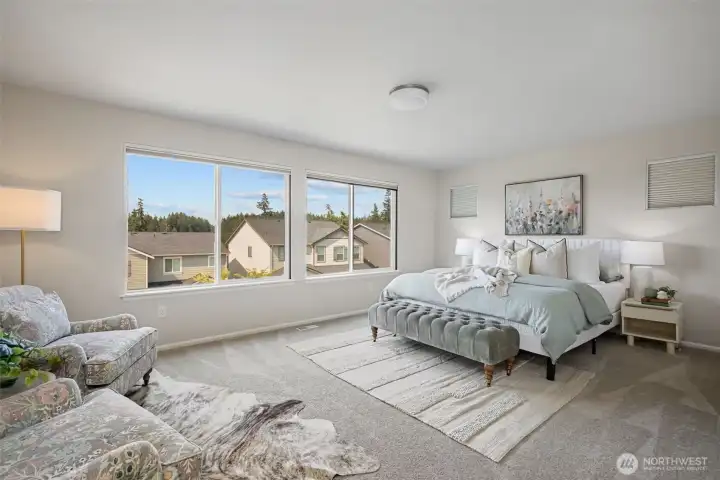 Primary bedroom easily holds King bed with sitting area and lots of natural light. Custom top down blackout blinds convey. Primary bedroom easily holds King bed with sitting area and lots of natural light. Custom top down blackout blinds convey.