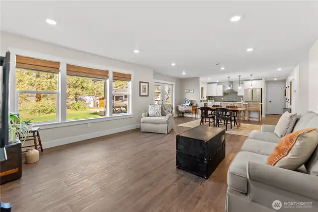 Spacious living room, with large windows to capture the view of the Sawtooths.