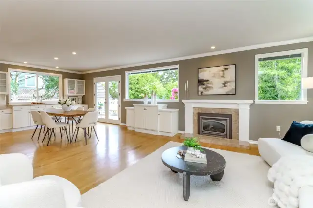 Gas fireplace and expansive windows.
