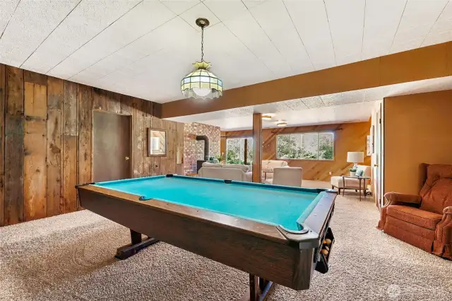 Game night starts here. The daylight basement offers room for a pool table and more, with warm rustic wainscoting that adds texture without darkening the space. Nearby doors on both sides lead to bonus storage areas, making this setup both fun and functional.