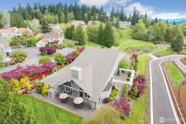 Aerial View of the Clubhouse. Pickleball court in the distance.