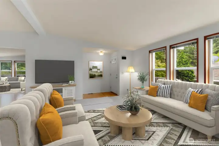VIRTUALLY STAGED - Entrance from the Front Porch entering into the Living Room with NEW Wall-to-Wall Carpeting