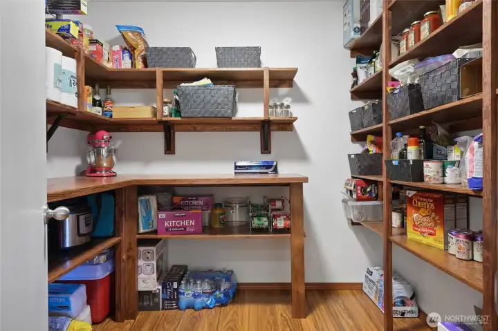 Pantry is absolutely DREAMY--floor to ceiling shelves on the side, and bonus workspace/counters-- like a butler's pantry.