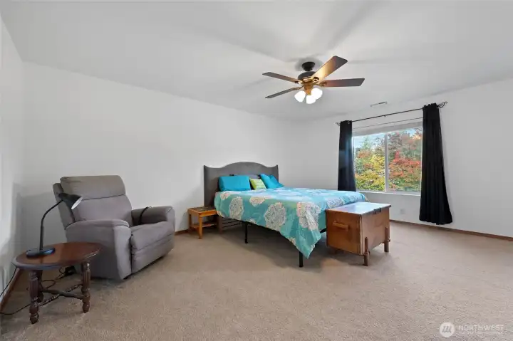 Primary bedroom with backyard views and ceiling fan.