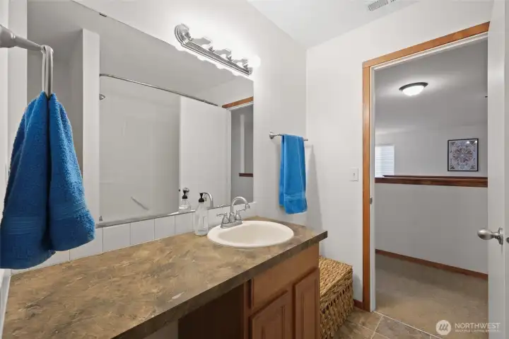 This hall bath works well for kiddos or guests--shower/tub combo seen in mirror, and large linen closet behind photo.