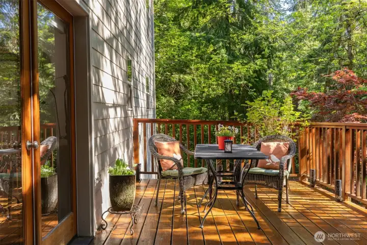 The deck has lots of areas to sit and tranquilly take in the forested and nature views.
