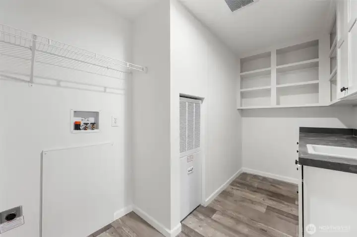 Furnace, hot water heater, electrical panel and washer/dryer hook-up all in the utility space.