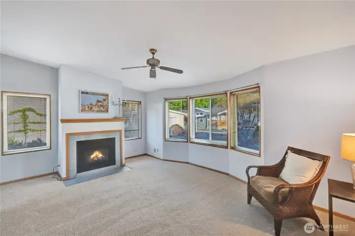 You won't see this very often with manufactured homes; the living room (or use as the family room) is separate & has a charming gas log fireplace.