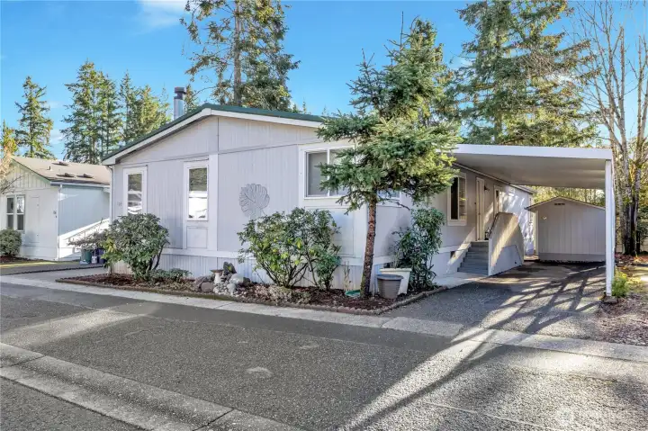 Carport is great for staying dry when bringing groceries in the house. Really nice shed with power & storage shelves. Rhodies will be be spectacular in a few months.