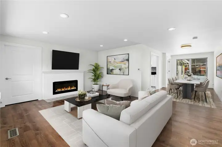 Living room and dining with pool outside, Virtual Staging, VS