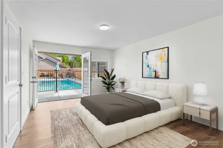 Bedroom #3, with french doors opening to pool area, VS