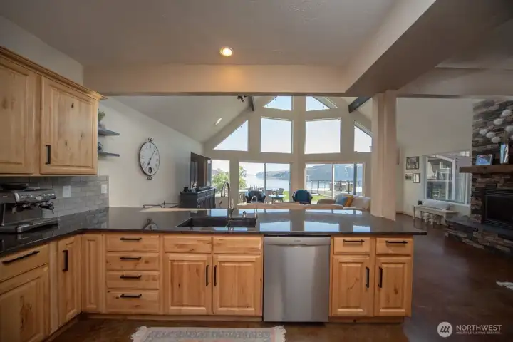 View from the custom kitchen. Granite counters.