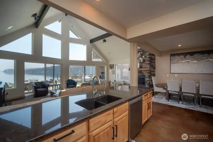 View from the kitchen to the dining and living area.