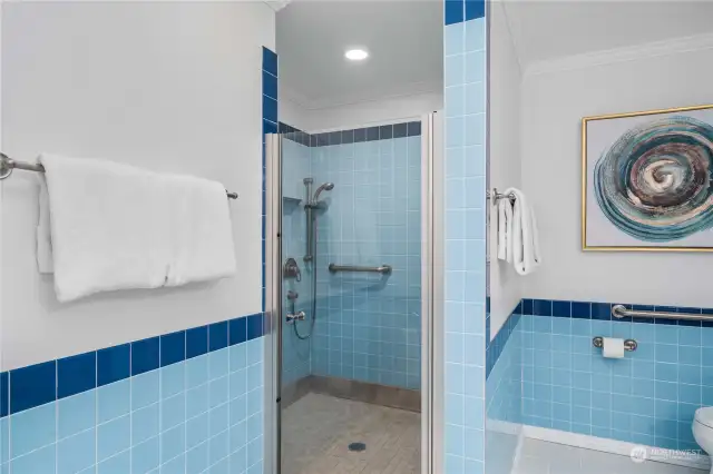 Large tiled, walk-in show with grab bars and adjustable shower head