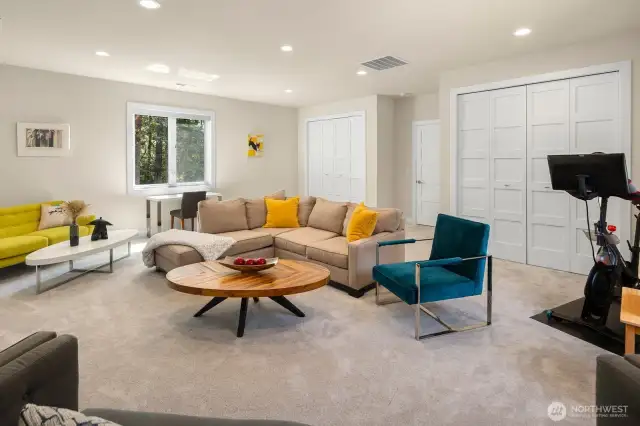 Another view of the bonus room, showing both large storage closets in the background.