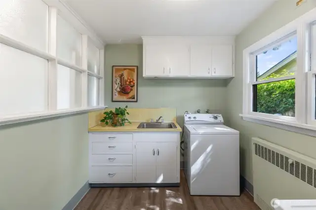 Laundry room. On the other side of the windows on the left, you'll find a hallway that is lined with a plethora of cabinets.