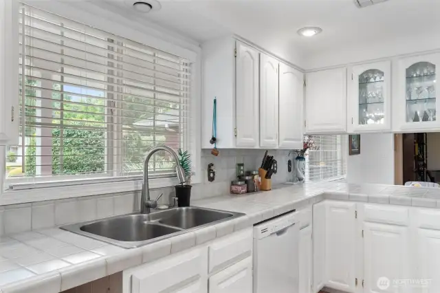 Kitchen looks out to the