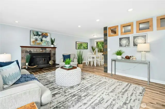 Wood-burning fireplace with stone surround