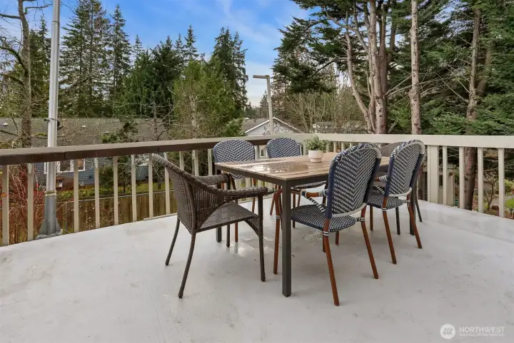 Rear deck off kitchen overlooks private back yard & gardens.