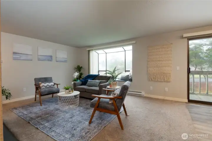 Picture window and sliding glass doors with views